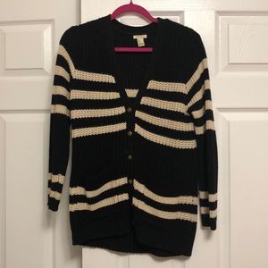 Navy blue striped button up knit cardigan